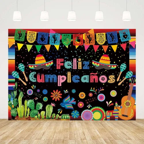 Vista 2 de AIBIIN Telón de fondo de feliz cumpleaños de 7 x 5 pies, decoración de fiesta mexicana, fiesta de feliz cumpleaños, festival del Cinco de Mayo