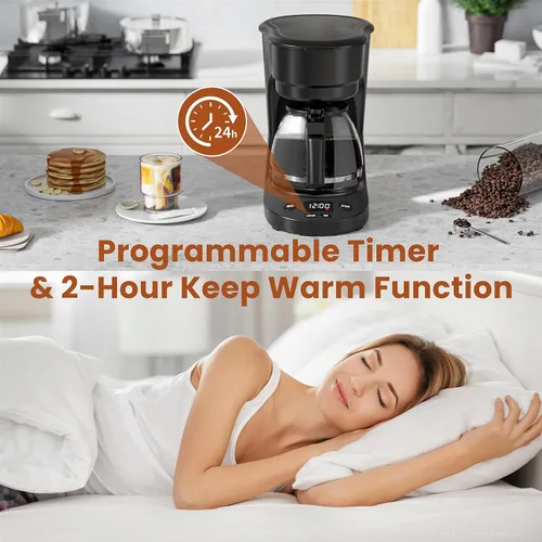 Vista 3 de WAA Cafetera de goteo programable de 5 tazas, cafetera portátil con olla de vidrio y filtro reutilizable, plato para mantener el calor, retrasar