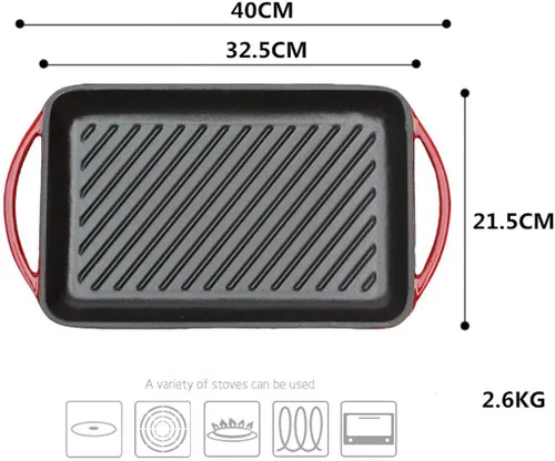 Vista 6 de LI-GELISI Sartén rectangular de hierro fundido esmaltado pre-sazonado con doble asa de 15.8 pulgadas, color rojo