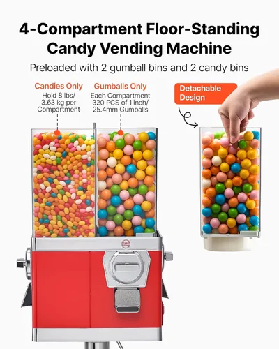 Vista 2 de VEVOR Máquina expendedora de dulces, máquina expendedora de dulces de cuatro compartimentos con soporte, máquinas expendedoras de chicles