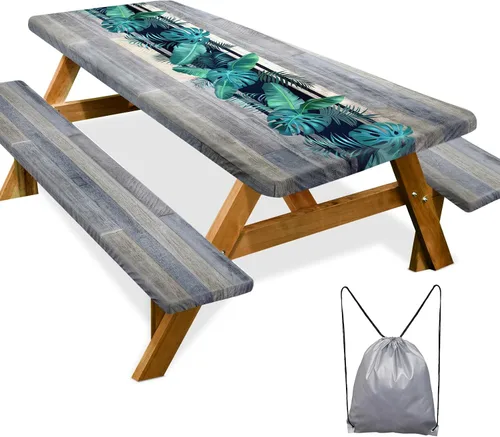Vista 30 de Funda de mesa de picnic con fundas para bancos Esenciales de camping Mantel de picnic impermeable y a prueba de viento con bolsa de cordón, funda