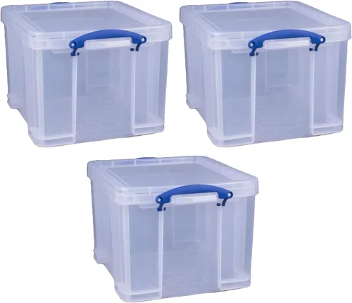 Vista 8 de Really Useful Box Paquete de 3 contenedores de almacenamiento de plástico transparente con tapas y asas de clip, 32 litros - Contenedores