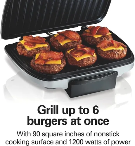 Vista 4 de Hamilton Beach Parrilla eléctrica para interiores, 6 porciones, grande de 90 pulgadas cuadradas, platos antiadherentes fáciles de limpiar, bisagra