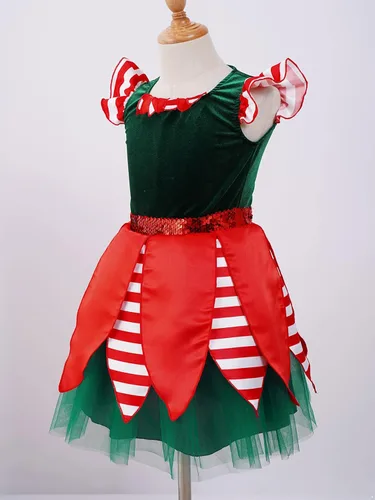 Vista 7 de Disfraz de Navidad con estampado de 2 piezas para niñas, mangas con volantes, lentejuelas, rayas, vestido tutú de malla con sombrero