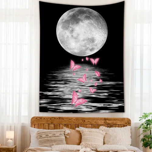 Vista 28 de LB Tapiz pequeño de luna llena sobre océano, tapiz de pared de cielo nocturno estrellado, fantasía 3D, arte de pared de luna grande en blanco