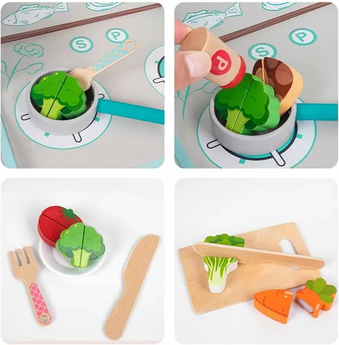 Vista 4 de Wooden Play Kitchen Set for Kids, Pretend Play Cooking Toys with Accessories, Preschool Learning Toy, Fine Motor Skills, Birthday Gift for Toddlers