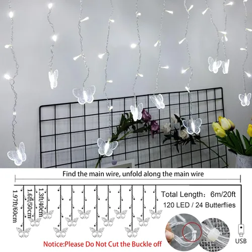 Vista 2 de Luces de Hadas de Cortina de Mariposa con Enchufe USB, 120 LED, 8 modos, 20 pies, luces de cadena de carámbanos centelleantes de luciérnaga