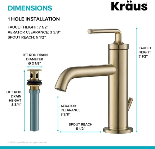 Vista 7 de KRAUS Ramus KBF-1221BG-2PK - Grifo de lavabo de baño de una sola manija con drenaje de varilla de elevación en oro cepillado