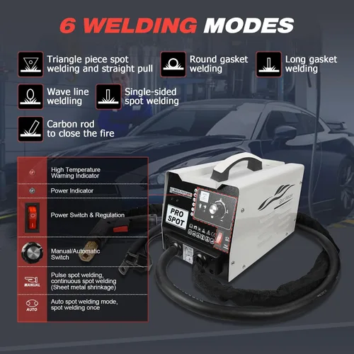 Vista 2 de Kit de reparación de abolladuras con soldador de puntos MOTOCOCHE, extractor de abolladuras para carrocería de coche de 1.8KW 220V con 6 modos