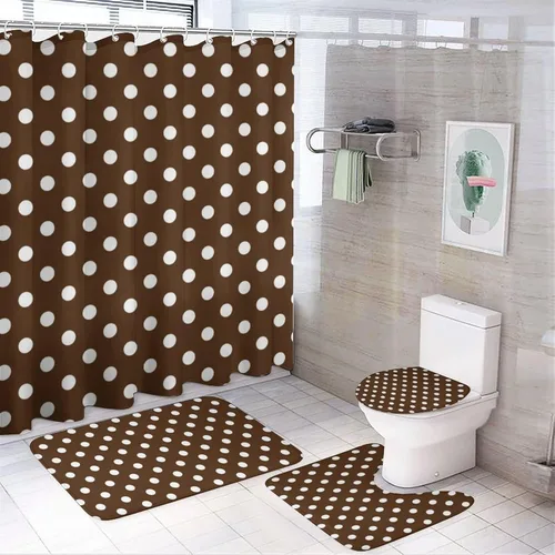 Vista 46 de Juego de 3 alfombras de baño con diseño de lunares, color azul aguamarina, antideslizante, con contorno en forma de U y tapa de inodoro