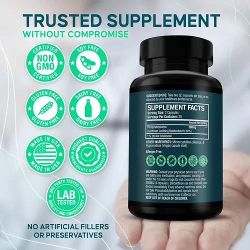 Vista 4 de Suplemento de fosfatidilserina - Nootrópico prémium para la salud cerebral, la memoria, el enfoque y el estrés - 300 mg de lecitina de girasol, sin