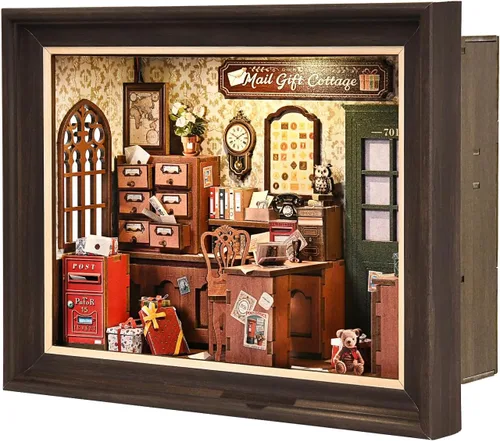 Vista 10 de Kit de rincón de libros, rompecabezas de madera 3D con control de interruptor LED y marco para montar en pared, casa en miniatura