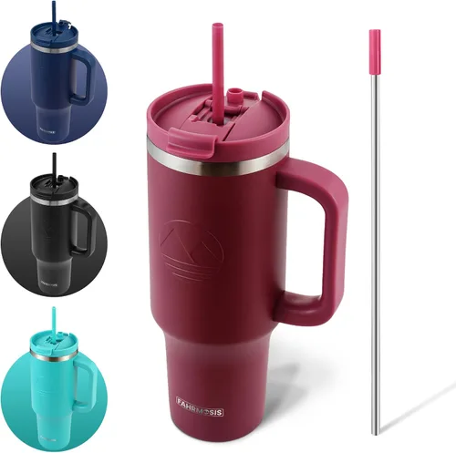 Vista 8 de FAHRMOSIS Vaso de 40 onzas con asa y pajita, taza aislada que cabe en el portavasos para bebidas frías y calientes, vaso a prueba de fugas