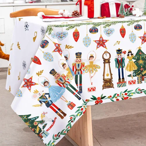 Vista 2 de AnyDesign - Mantel rectangular de tela de cascanueces lavable para picnic, cena, hogar, cocina, decoración de fiesta de Navidad, 60 x 104 pulgadas