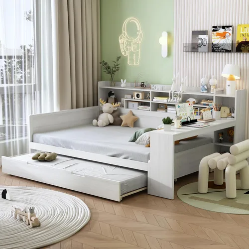 Vista 14 de Sofá cama de madera de tamaño individual con nido y cabecera en forma de L, marco de madera para sofá cama con barandilla rústica y soporte