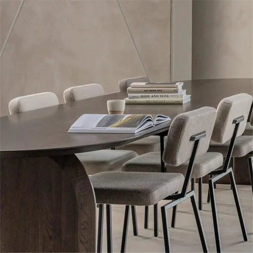 Vista 3 de Moderna mesa ovalada sólida con doble pedestal, madera natural, muebles de estilo Wabi-sabi para comedor, cocina, ocio, mesa de centro, color Marrón