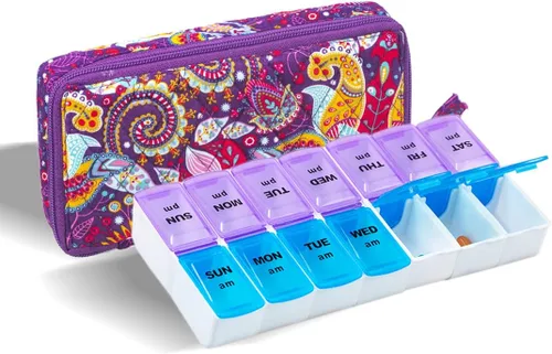 Vista 15 de Organizador Semanal de Pastillas 2 Veces al Día, Pastillero Zumd de 7 Días con Bonita Funda de Tela Acolchada con Cremallera, Estuche de Pastillas