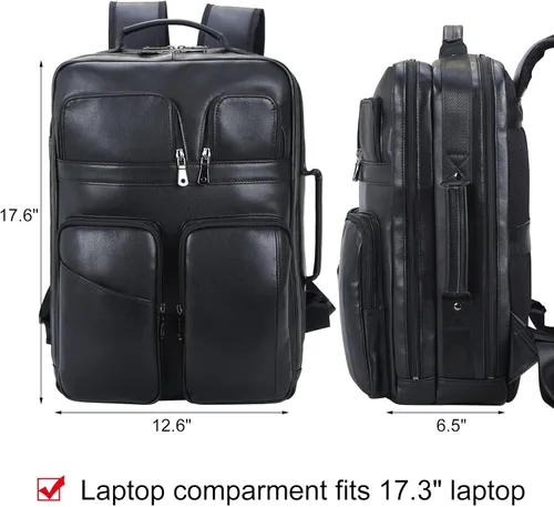 Vista 5 de TIDING Mochila para portátil de cuero de grano completo de 17.3 pulgadas para hombres, multibolsillos, casual, mochila de viaje de negocios, Negro