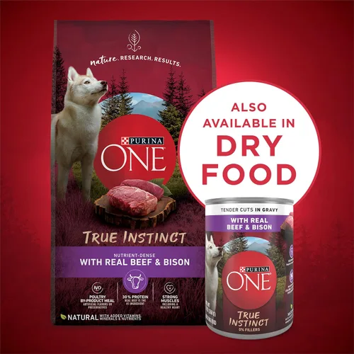 Vista 6 de Purina ONE Alimento húmedo para perros High Protein True Instinct Tender Cuts en salsa de comida para perros con carne de res real y bisonte, latas