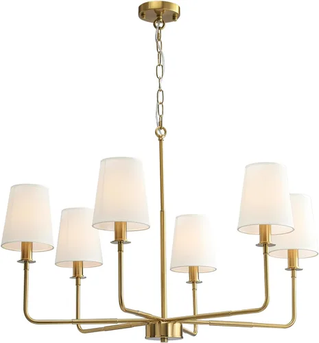 Vista 9 de Candelabro clásico de 6 luces con acabado dorado cepillado y pantallas de lino, base E12, lámpara rústica de techo para isla de cocina, comedor