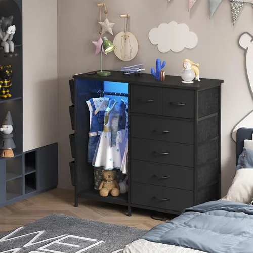 Vista 2 de Cómoda de 6 cajones para dormitorio con perchero para ropa, cómoda para ropa con bolsillos laterales y ganchos, estación de carga y luces LED, parte