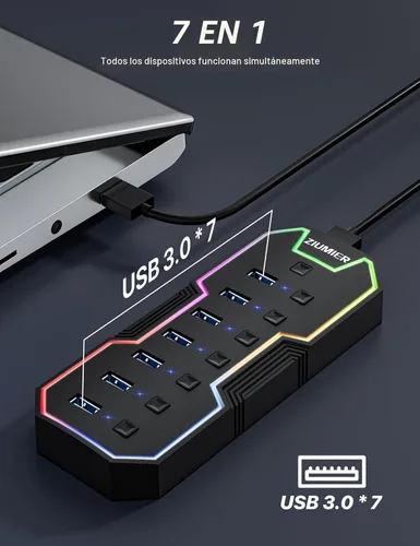 Vista 4 de ZIUMIER Hub USB 3.0, expansor USB de 7 puertos con tira LED RGB, concentrador USB para laptop, interruptores LED individuales de encendido/apagado