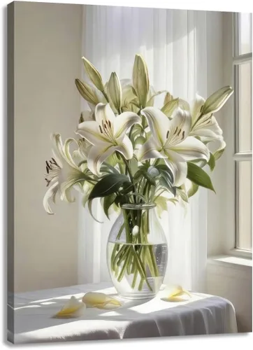 Vista 20 de Cuadro de flores para sala de estar, arte de pared floral azul y blanco sobre lienzo con detalles dorados para decoración de dormitorio gris, 32 x