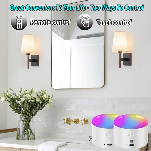 Vista 5 de YHCDLAMP Juego de dos apliques de pared que funcionan con pilas, luces de pared que funcionan con pilas con control remoto, lámpara de pared RGB