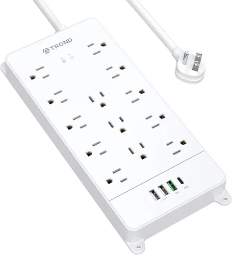 Vista 12 de TROND - Alargador de corriente con enchufe plano giratorio 360°, protector contra sobretensiones, 13 tomas amplias con 3 puertos USB C, 4000 J