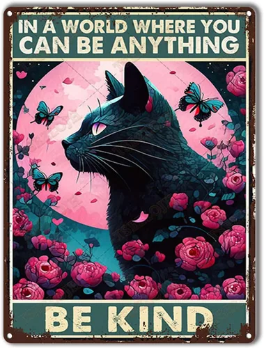 Vista 9 de TSEZLOJH Letrero de metal con diseño de gato negro en un mundo donde puedes ser cualquier cosa ser amable para decoración del hogar, 8 x 12 pulgadas