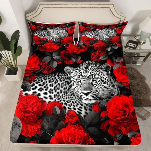 Vista 13 de Erosebridal Juego de sábanas bajeras de rosas rojas y leopardo, tamaño individual, diseño de animales africanos salvajes, diseño de plantas