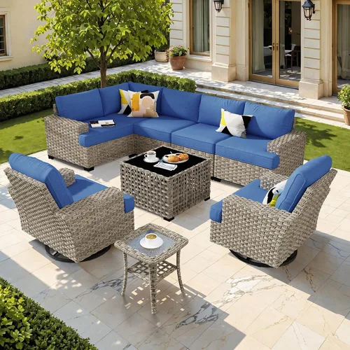 Vista 59 de HOOOWOOO Juego de Muebles Seccionales para Patio al Aire Libre, 6 Piezas Juegos de Conversación de Mimbre Sofá en Forma de L, Sofá Extra Profundo