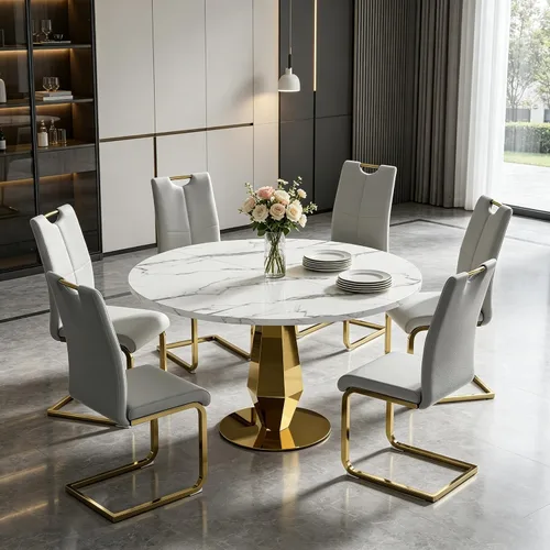 Vista 9 de Henf Mesa de comedor redonda de mármol sintético para 4 a 6 personas, mesa de cocina moderna de oro blanco de 47 pulgadas con base de acero Mesa