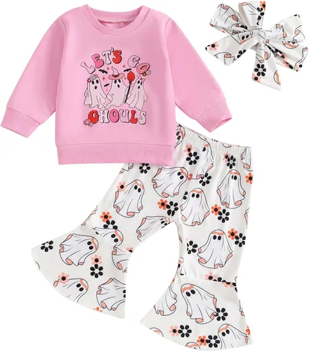 Vista 42 de Traje de Halloween para bebé niña, manga larga, cuello redondo, letras de fantasma, parte superior con estampado de fantasma, parte inferior
