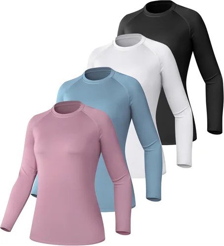 Vista 7 de Paquete de 4 camisetas de compresión para mujer, de manga larga, para Manga larga-2 negro+2 blanco