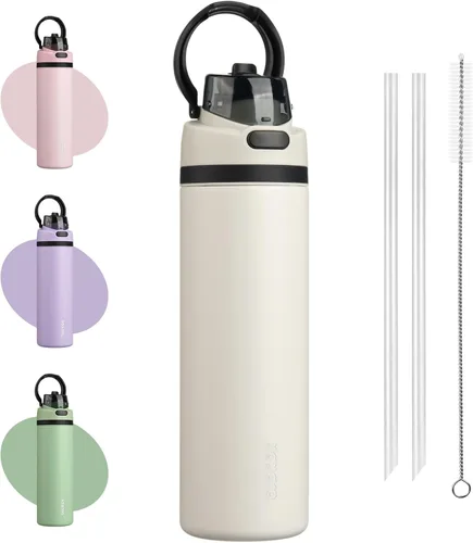 Vista 17 de BJPKPK Botella de agua aislada de 17 onzas con tapa de popote y asa, acero Verde militar