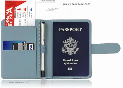Vista 3 de Melsbrinna Funda de cuero prémium para pasaporte, impermeable, con bloqueo RFID, cartera de viaje con soporte para bolígrafo, bonito libro