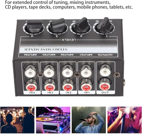 Vista 2 de Zyyini Mini mezclador estéreo, mezclador de audio portátil de 4 canales, mini mezclador estéreo profesional pasivo para mezclar instrumentos