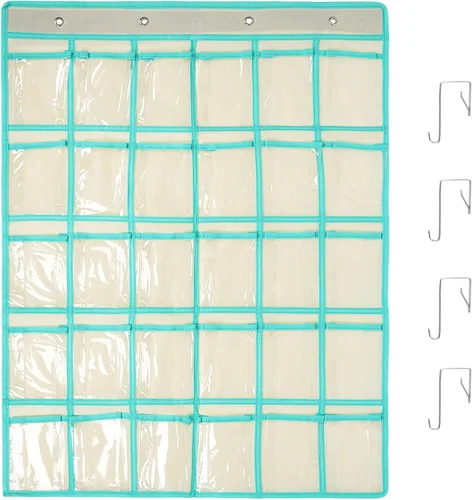 Vista 8 de Organizador para colgar sobre la puerta, para el aula, para colgar en la pared, puerta, armario, bolsa de almacenamiento de tela duradera, 12 Beige