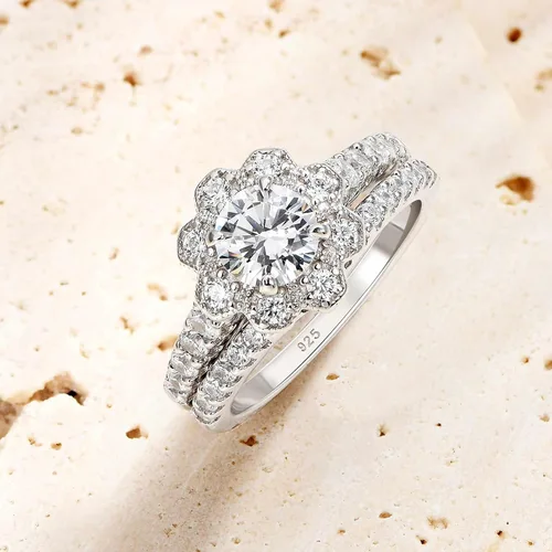 Vista 7 de Newshe Jewellery AAAAA - Anillos de boda para mujer, juego de novia de compromiso con halo de flores, plata de ley 925, anillo de circonita cúbica