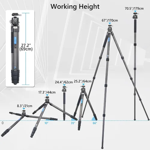 Vista 6 de ARTCISE - Trípode compacto de fibra de carbono con cabeza de bola de perfil bajo de 1.732 in, monopie profesional resistente para cámara DSLR