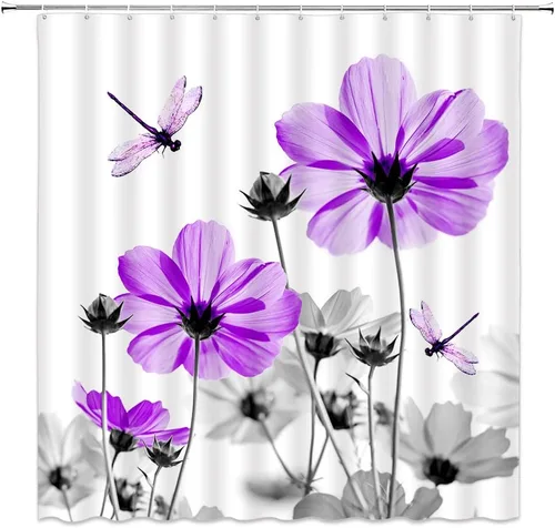Vista 11 de Cortina de ducha floral azul y gris, planta rústica, retro, margarita, abstracta, elegante, natrue de tela con ganchos