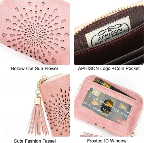 Vista 4 de APHISON RFID - Porta tarjeta de crédito con cremallera carteras pequeñas para mujer en cuero estilo girasol para mujer y niña caja de regalo 1927