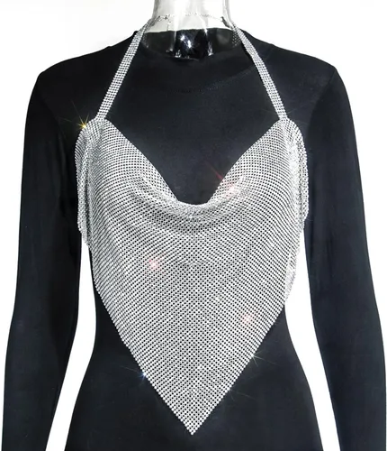 Vista 7 de JUMISEE Camiseta corta sin espalda con diamantes de imitación brillantes para mujer, cuello de capucha, sexy, con cadena, para fiesta, club nocturno