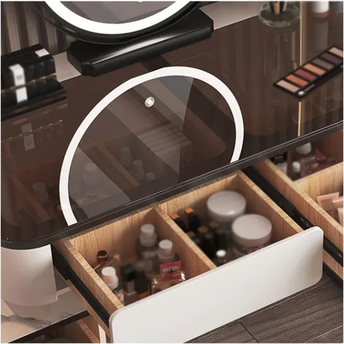 Vista 6 de Tocador de maquillaje, mesa de cristal, tocador, moderno, simple, avanzado, de madera, para dormitorio, almacenamiento, tocador, espejo inteligente