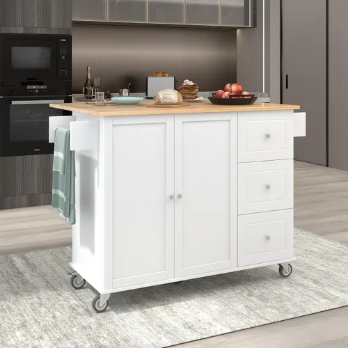 Vista 11 de Carrito móvil de isla de cocina de 52.7 pulgadas con organizadores y almacenamiento superior de madera maciza y ruedas de bloqueo, armario
