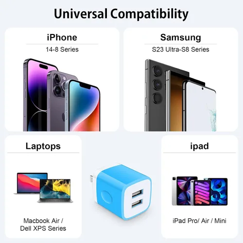 Vista 6 de Bloque de cargador de pared, enchufe de pared USB, paquete de 3 cubos de carga rápida USB doble cargador de teléfono celular, adaptador de corriente