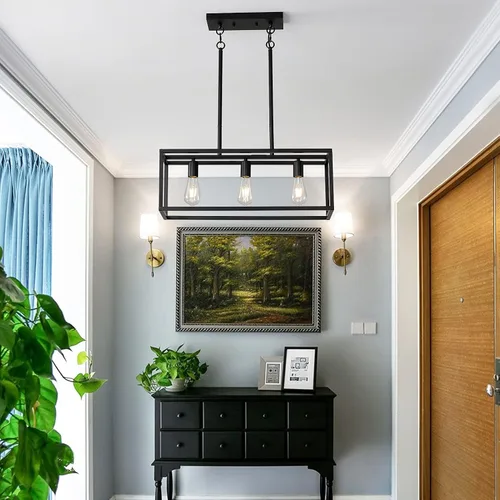 Vista 9 de Iluminación negra para isla de cocina, moderna lámpara rectangular de jaula lineal, 3 luces, lámpara colgante de metal industrial para granja