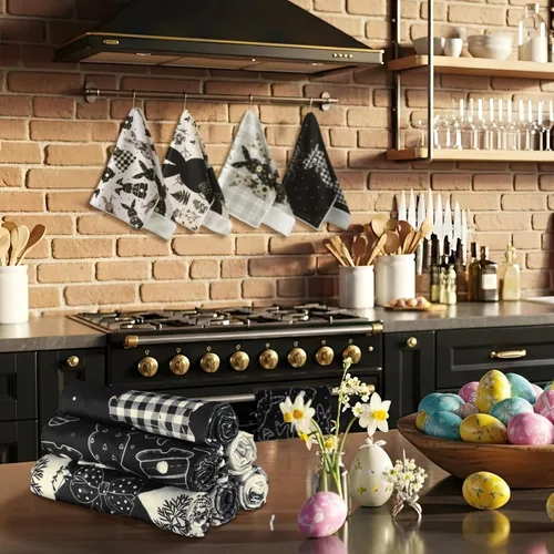 Vista 6 de Preboun 6 toallas de cocina con huevos de Pascua, toallas de mano retro con diseño de conejo, color negro y blanco a cuadros, paño decorativo