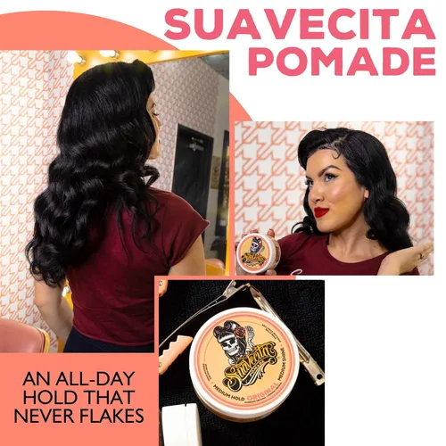 Vista 6 de Suavecita - Pomada para mujer, lata de 2.3 onzas, sujeción media, alto brillo, a base de agua, sin escamas como la cera, peinados de gel sin cabello